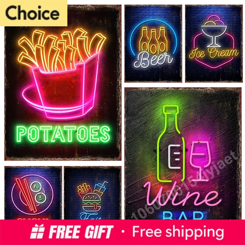 Vintage Neon Food Metal Tin Si - Food Snacks Menu review and price